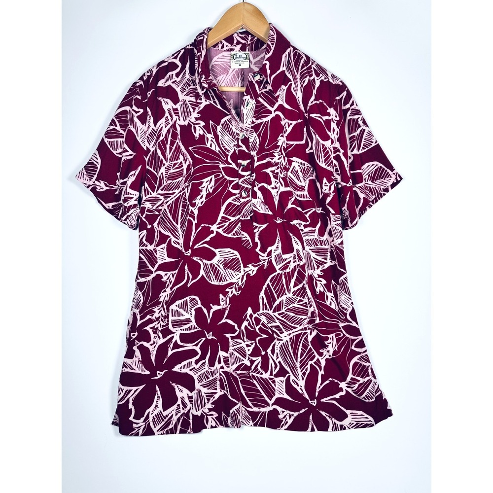 Go Barefoot Hawaiian‎ Shirt Womens Medium Red Floral Tunic Popover Made in USA